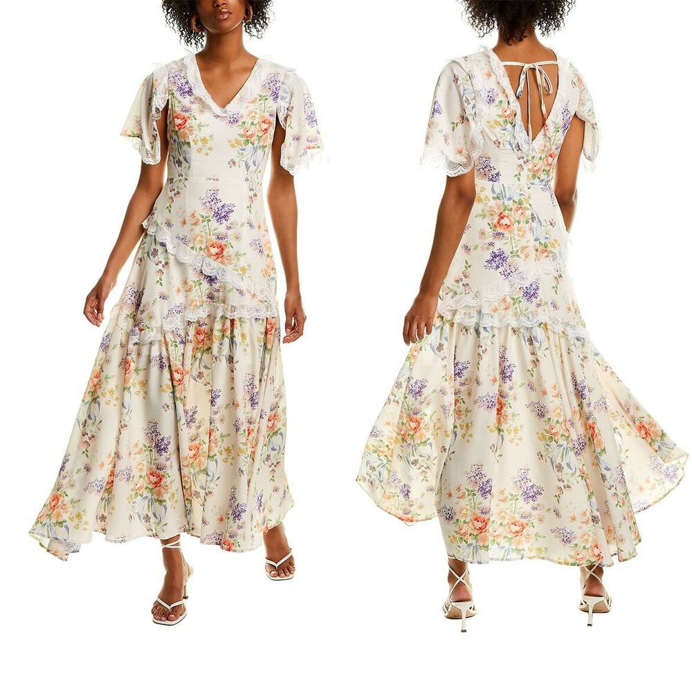 Beulah Floral Lace Tiered Midi Dress Sz L Cottagecore Prairie